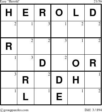 The grouppuzzles.com Easy Herold puzzle for  with the first 3 steps marked