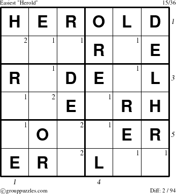 The grouppuzzles.com Easiest Herold puzzle for , suitable for printing, with all 2 steps marked