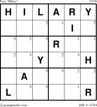 The grouppuzzles.com Easy Hilary puzzle for  with the first 3 steps marked