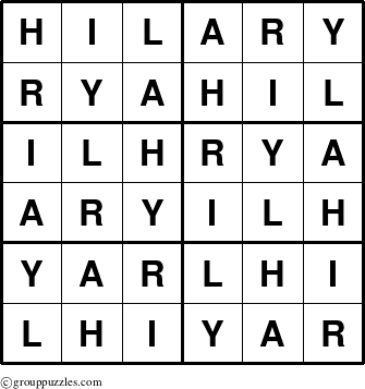 The grouppuzzles.com Answer grid for the Hilary puzzle for 