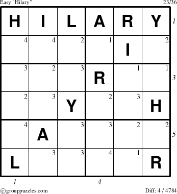 The grouppuzzles.com Easy Hilary puzzle for  with all 4 steps marked