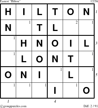 The grouppuzzles.com Easiest Hilton puzzle for , suitable for printing, with all 2 steps marked