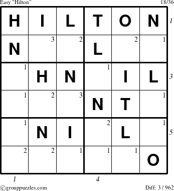 The grouppuzzles.com Easy Hilton puzzle for  with all 3 steps marked