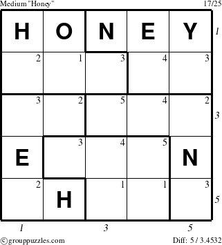 The grouppuzzles.com Medium Honey puzzle for , suitable for printing, with all 5 steps marked