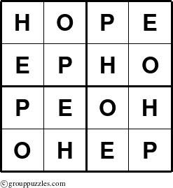 The grouppuzzles.com Answer grid for the Hope puzzle for 