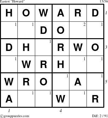 The grouppuzzles.com Easiest Howard puzzle for , suitable for printing, with all 2 steps marked