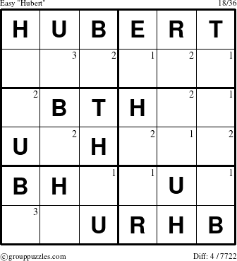 The grouppuzzles.com Easy Hubert puzzle for  with the first 3 steps marked