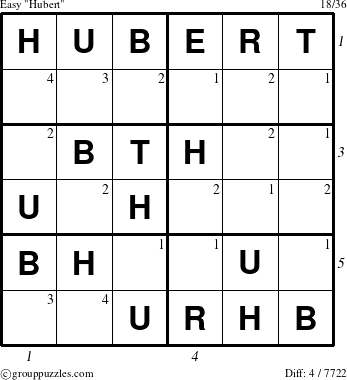 The grouppuzzles.com Easy Hubert puzzle for  with all 4 steps marked