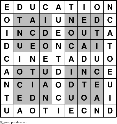 The grouppuzzles.com Answer grid for the HyperEducation puzzle for 