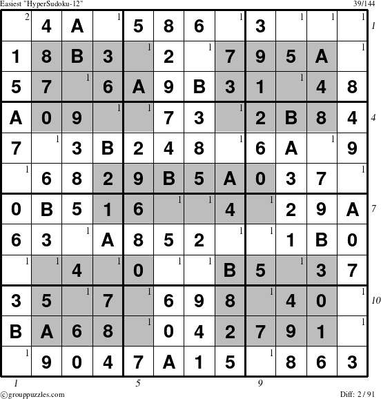 The grouppuzzles.com Easiest HyperSudoku-12 puzzle for , suitable for printing, with all 2 steps marked