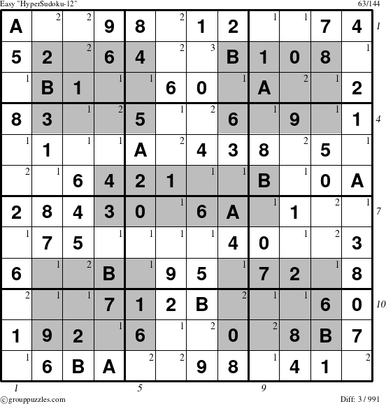 The grouppuzzles.com Easy HyperSudoku-12 puzzle for , suitable for printing, with all 3 steps marked