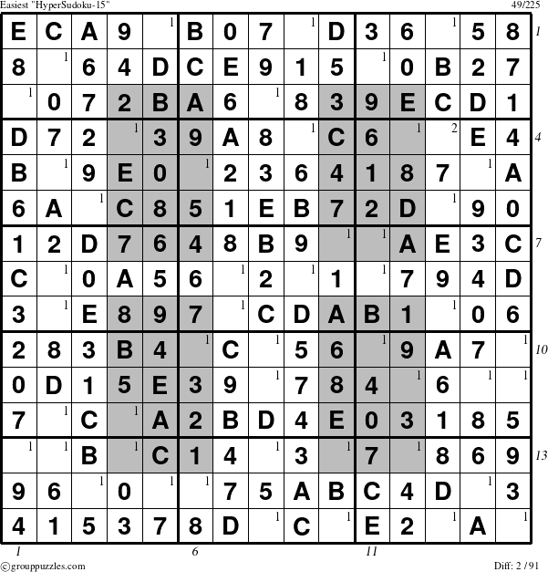 The grouppuzzles.com Easiest HyperSudoku-15 puzzle for , suitable for printing, with all 2 steps marked