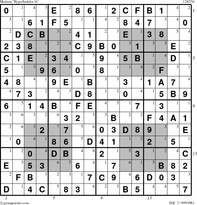 The grouppuzzles.com Medium HyperSudoku-16 puzzle for , suitable for printing, with all 7 steps marked