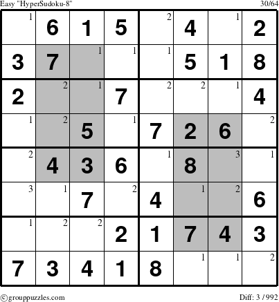 The grouppuzzles.com Easy HyperSudoku-8 puzzle for  with the first 3 steps marked