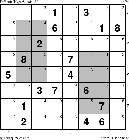 The grouppuzzles.com Difficult HyperSudoku-8 puzzle for , suitable for printing, with all 9 steps marked