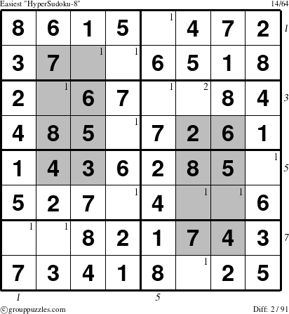 The grouppuzzles.com Easiest HyperSudoku-8 puzzle for , suitable for printing, with all 2 steps marked