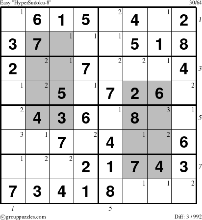 The grouppuzzles.com Easy HyperSudoku-8 puzzle for , suitable for printing, with all 3 steps marked