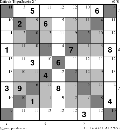 The grouppuzzles.com Difficult HyperSudoku-X puzzle for , suitable for printing, with all 13 steps marked