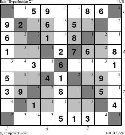 The grouppuzzles.com Easy HyperSudoku-X puzzle for , suitable for printing, with all 4 steps marked