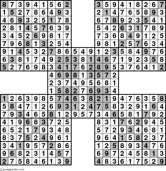 The grouppuzzles.com Answer grid for the HyperSudoku-Xtreme puzzle for 