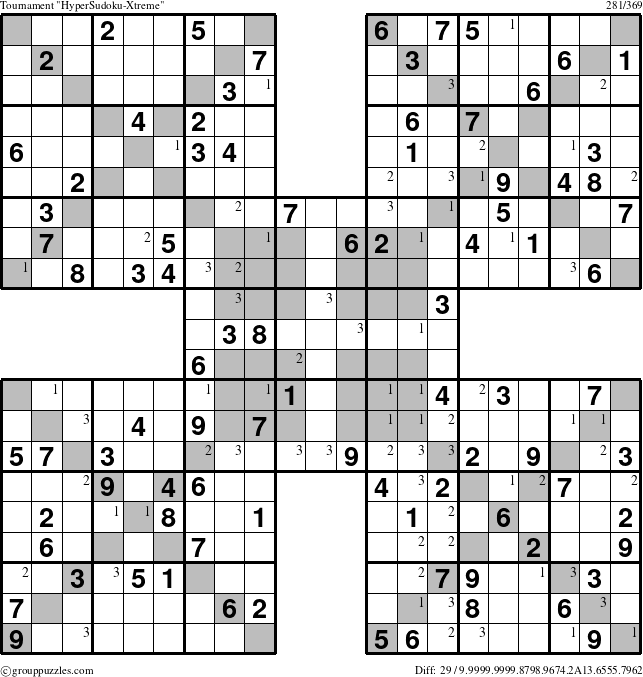 The grouppuzzles.com Tournament HyperSudoku-Xtreme puzzle for  with the first 3 steps marked