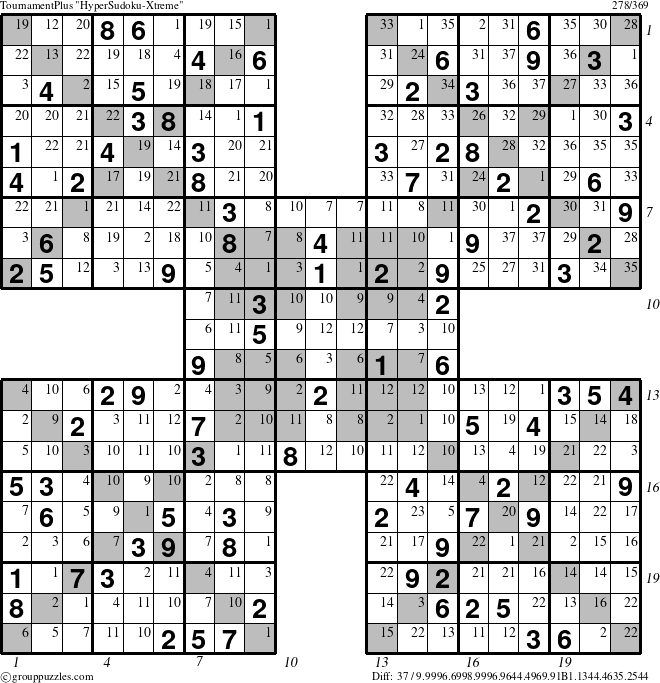 The grouppuzzles.com TournamentPlus HyperSudoku-Xtreme puzzle for , suitable for printing, with all 37 steps marked