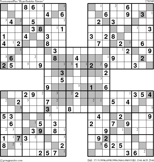 The grouppuzzles.com TournamentPlus HyperSudoku-Xtreme puzzle for  with the first 3 steps marked