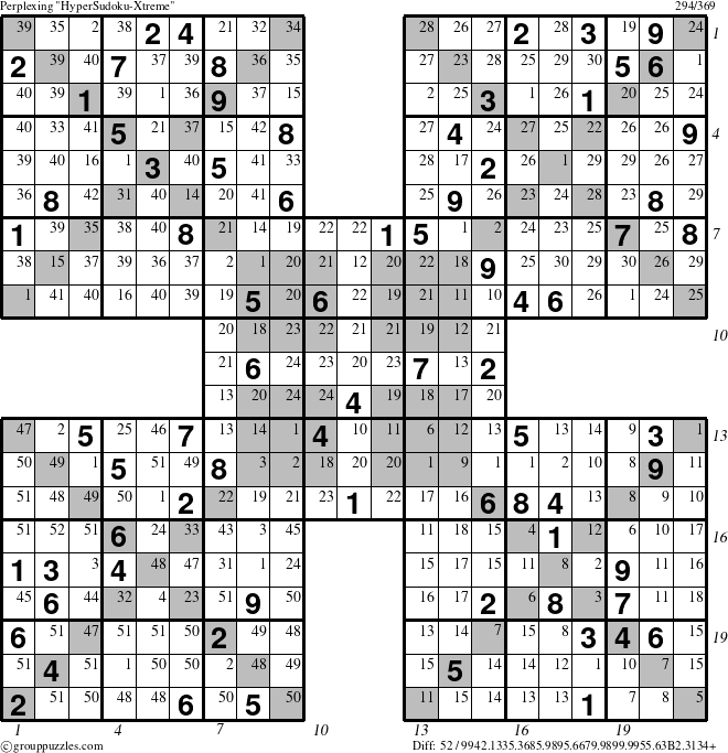 The grouppuzzles.com Perplexing HyperSudoku-Xtreme puzzle for , suitable for printing, with all 52 steps marked