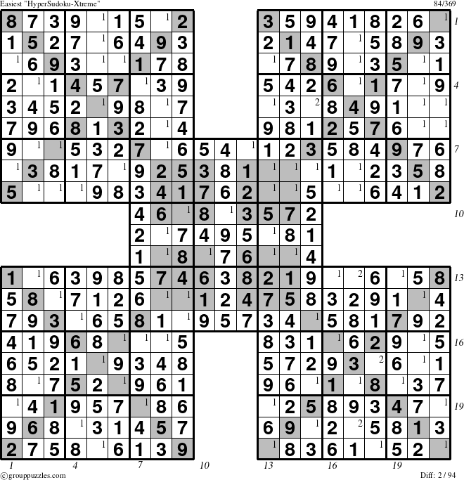 The grouppuzzles.com Easiest HyperSudoku-Xtreme puzzle for , suitable for printing, with all 2 steps marked