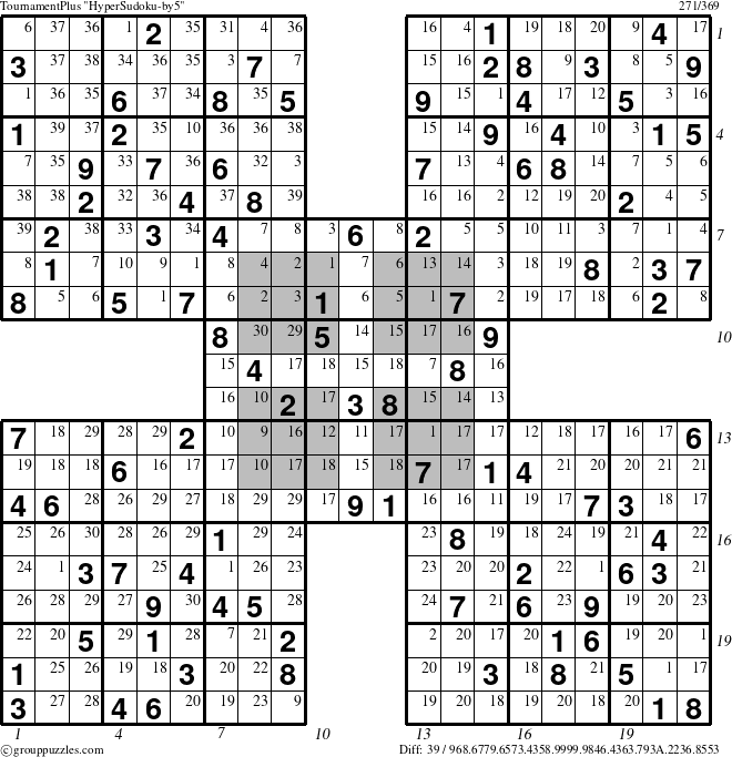 The grouppuzzles.com TournamentPlus HyperSudoku-by5 puzzle for  with all 39 steps marked