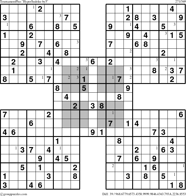 The grouppuzzles.com TournamentPlus HyperSudoku-by5 puzzle for  with the first 3 steps marked