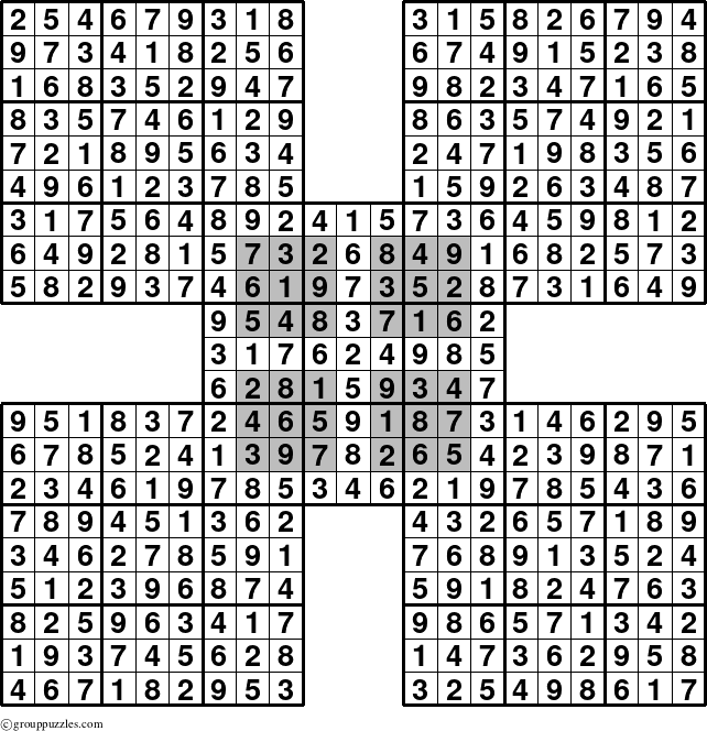 The grouppuzzles.com Answer grid for the HyperSudoku-by5 puzzle for 