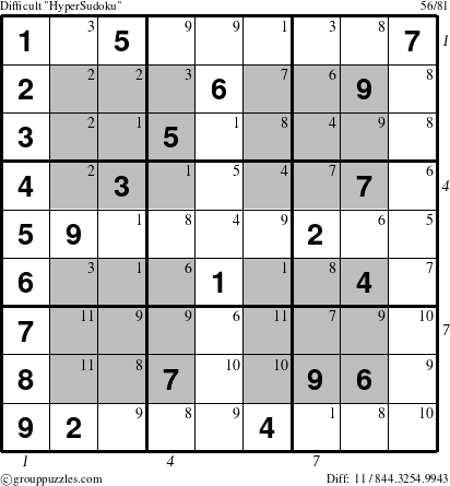 The grouppuzzles.com Difficult HyperSudoku-c1 puzzle for , suitable for printing, with all 11 steps marked