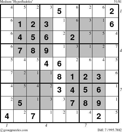 The grouppuzzles.com Medium HyperSudoku-i14 puzzle for , suitable for printing, with all 7 steps marked