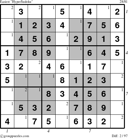 The grouppuzzles.com Easiest HyperSudoku-i14 puzzle for , suitable for printing, with all 2 steps marked