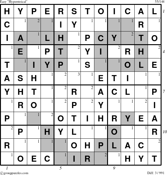 The grouppuzzles.com Easy Hyperstoical puzzle for , suitable for printing, with all 3 steps marked