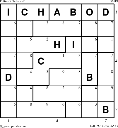 The grouppuzzles.com Difficult Ichabod puzzle for  with all 9 steps marked