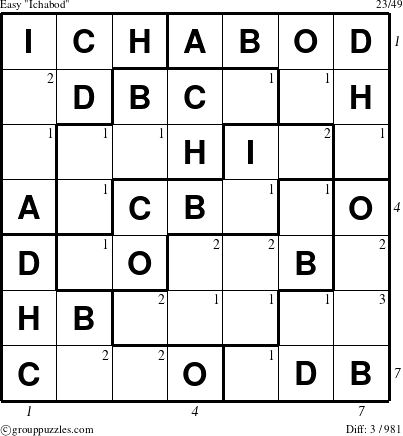 The grouppuzzles.com Easy Ichabod puzzle for  with all 3 steps marked