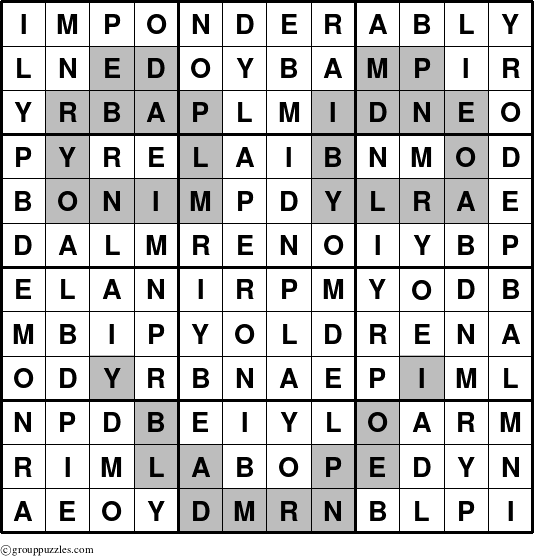 The grouppuzzles.com Answer grid for the Imponderably puzzle for 