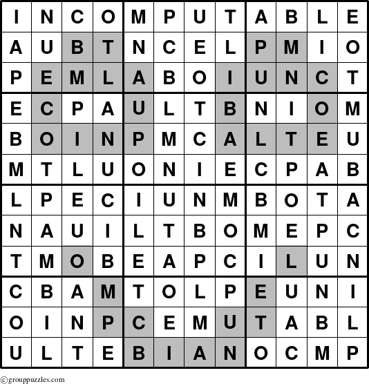 The grouppuzzles.com Answer grid for the Incomputable puzzle for 