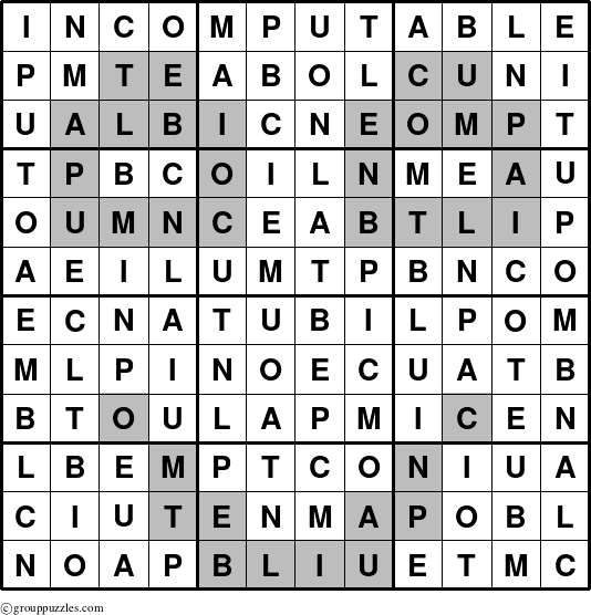 The grouppuzzles.com Answer grid for the Incomputable puzzle for 
