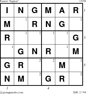 The grouppuzzles.com Easiest Ingmar puzzle for , suitable for printing, with all 2 steps marked