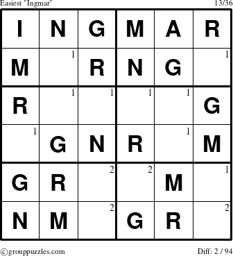 The grouppuzzles.com Easiest Ingmar puzzle for  with the first 2 steps marked