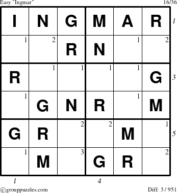 The grouppuzzles.com Easy Ingmar puzzle for , suitable for printing, with all 3 steps marked