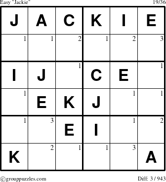 The grouppuzzles.com Easy Jackie puzzle for  with the first 3 steps marked