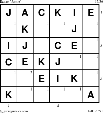 The grouppuzzles.com Easiest Jackie puzzle for , suitable for printing, with all 2 steps marked