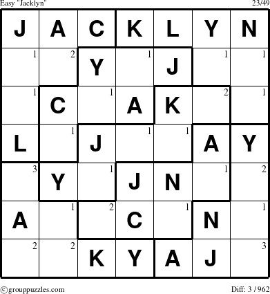 The grouppuzzles.com Easy Jacklyn puzzle for  with the first 3 steps marked