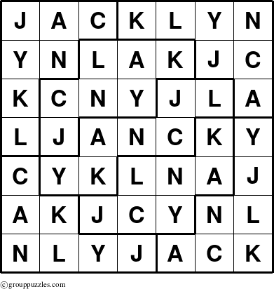 The grouppuzzles.com Answer grid for the Jacklyn puzzle for 