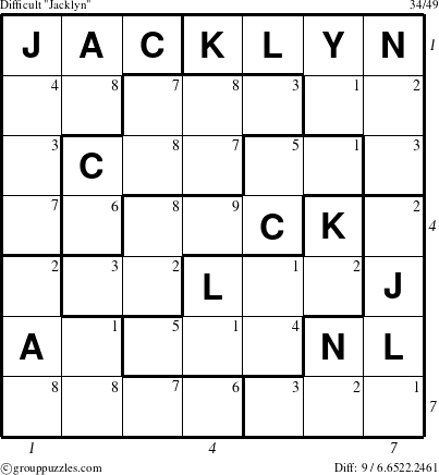 The grouppuzzles.com Difficult Jacklyn puzzle for  with all 9 steps marked