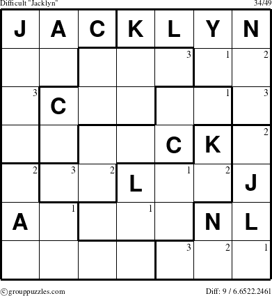 The grouppuzzles.com Difficult Jacklyn puzzle for  with the first 3 steps marked